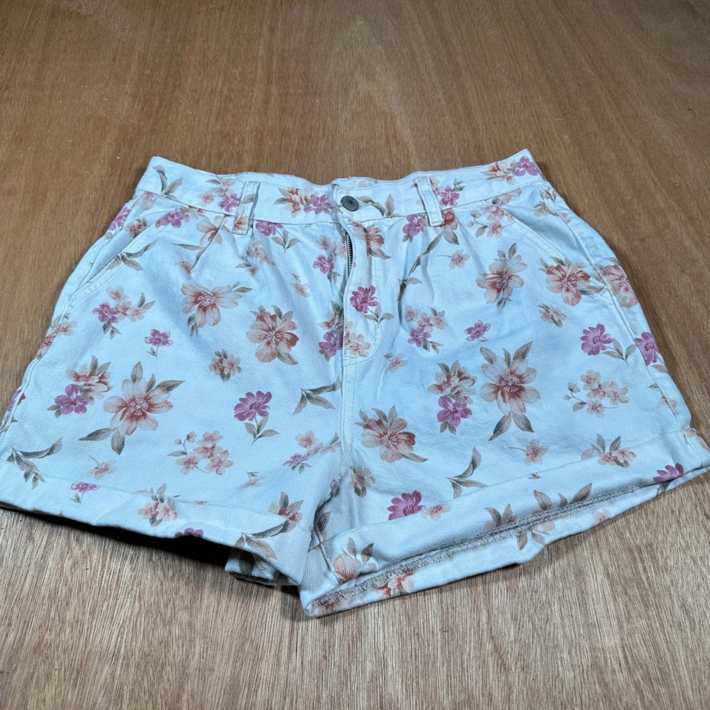 American Eagle Mom Shorts Women 10 White Floral High Waisted Cotton Denim Cuffed
